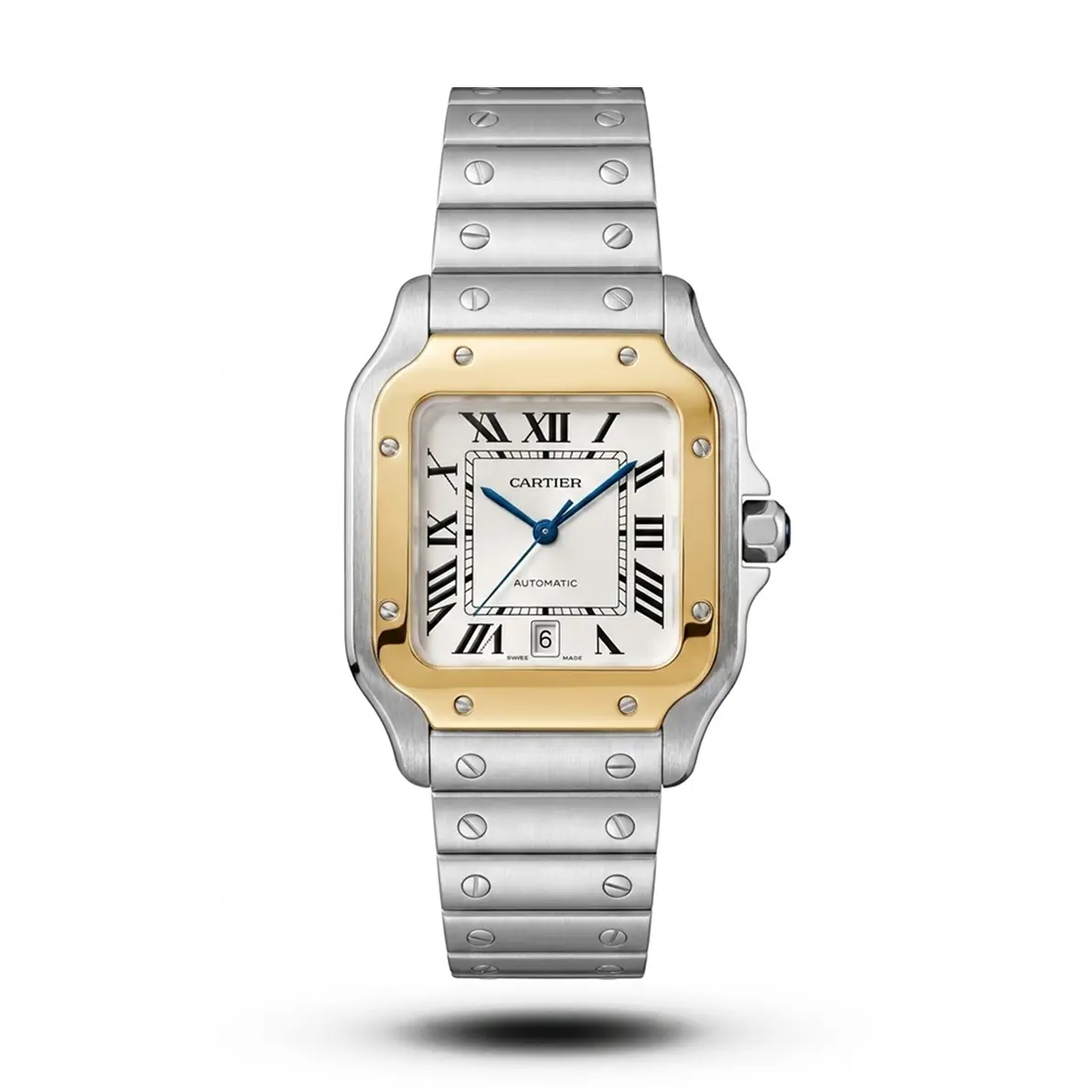 product-92bb3d20-ce13-4218-b8f2-e9d4fb02ced0.webp Cartier Santos De Cartier Golden Bezel White Dial Steel Watch - Image 1