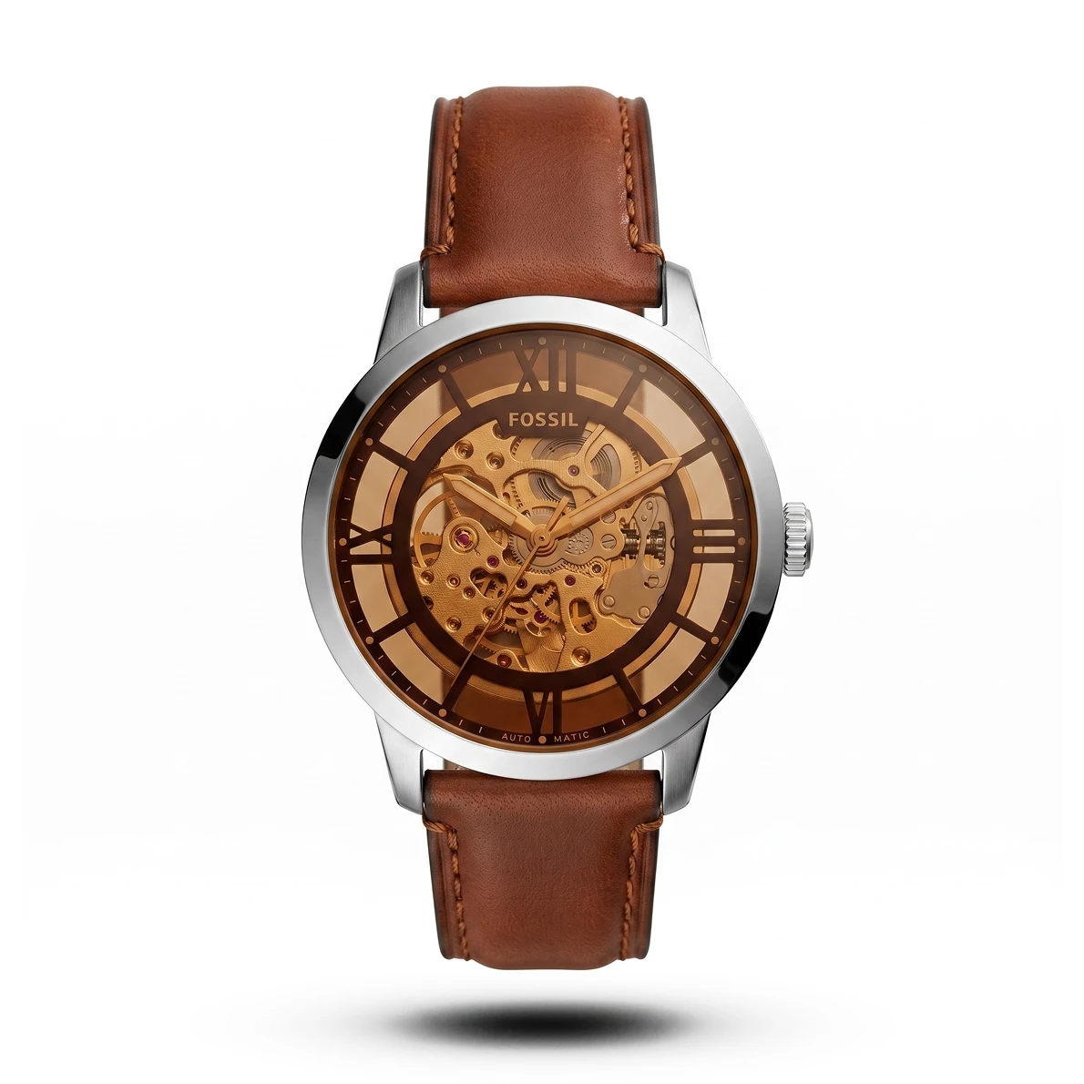 product-93a48dec-511e-4319-93b5-a2d689cd313a.webp Fossil-Style Townsman Automatic Silver Tone Mustard Leather Watch - Image 1
