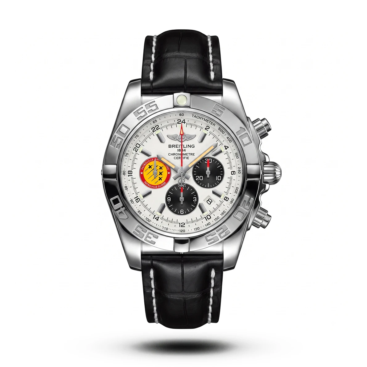 product-9cca0689-4f9d-45fc-b485-a76641f32139.webp Breitling-Style Chronomat 44 Black Leather White Dial Watch - Image 1