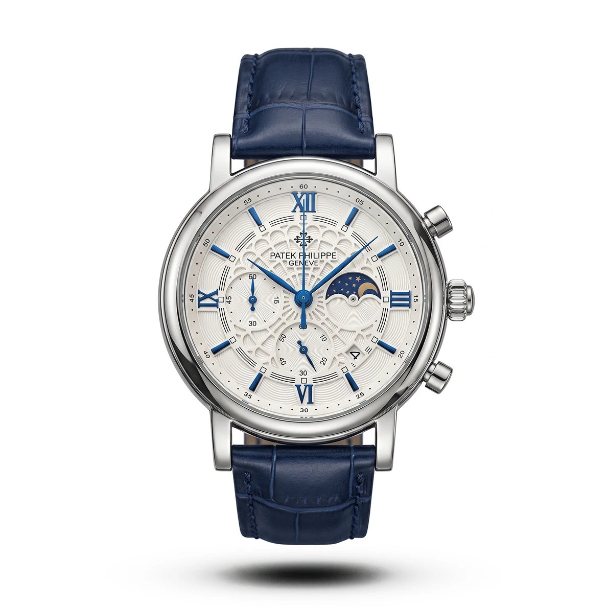 product-ab2e0af0-56d4-409e-955a-d78cf8382584.webp Patek Philippe-Inspired Spider Dial Blue Leather White Dial Watch - Image 1