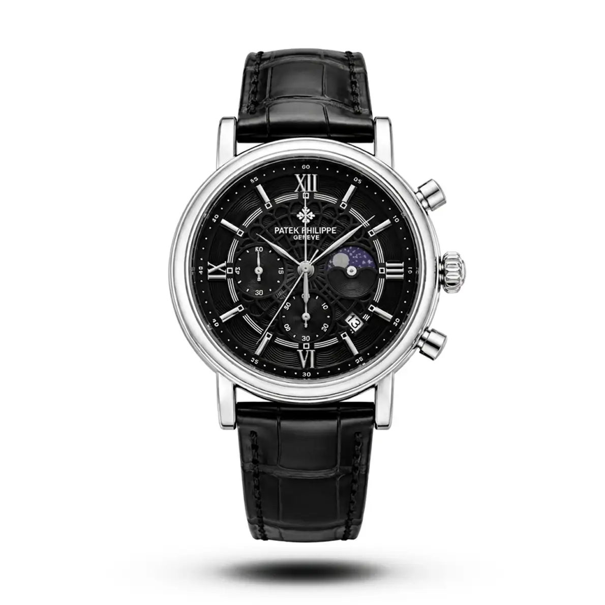 product-ae9bc8b1-804b-43b6-ad38-77cc279c2665.webp Patek Philippe-Inspired Spider Dial Moonphase Black Strap Black Dial Watch - Image 1