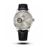 Orient-Style Open-Heart Automatic Grey Dial Black Leather Strap Watch
