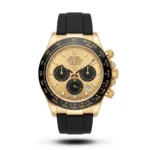 Rolex-Inspired Daytona Gold Dial Black Silicone Strap Watch