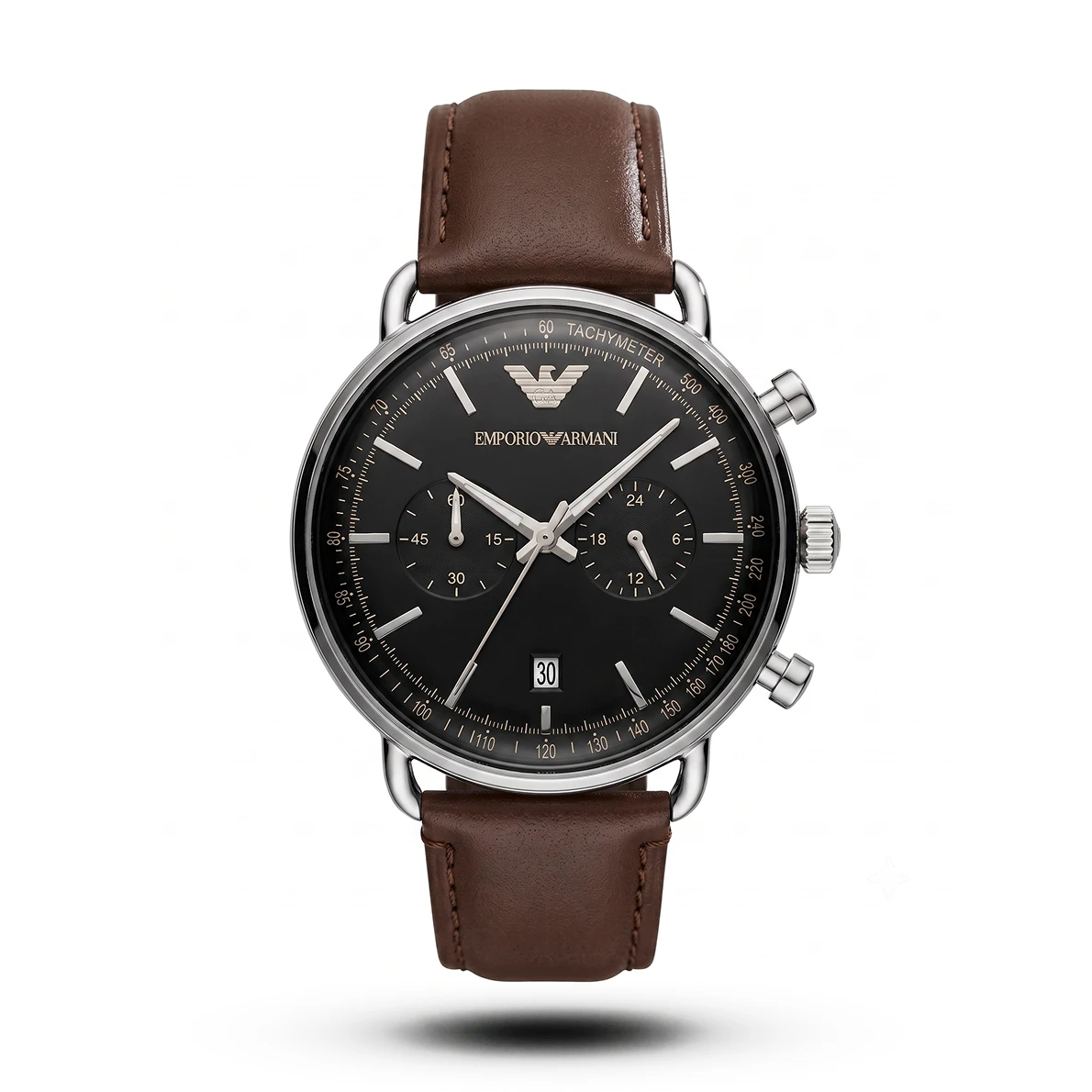 product-b3596626-397a-42cb-ad23-6bc1f04fcce8.webp Emporio Armani-Style Black Dial Brown Leather Strap Men's Watch - Image 1