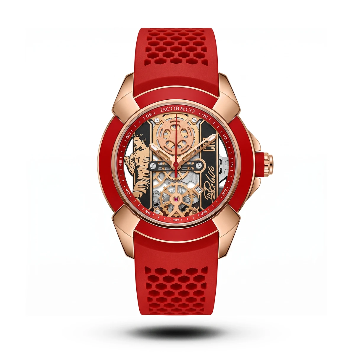 product-b548f952-75d5-414d-9c61-d8a7b9993b2a.webp Jacob & Co-Style Epic X CR7 Rose Gold Case Red Skeleton Strap Watch - Image 1