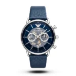 Emporio Armani-Style Meccanico Silver Tone Blue Leather Blue Dial Watch
