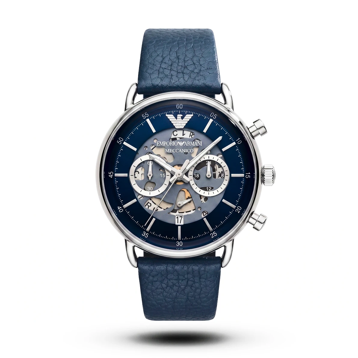 product-b8d2fd76-c47d-4ca1-87d2-29056c557cf1.webp Emporio Armani-Style Meccanico Silver Tone Blue Leather Blue Dial Watch - Image 1