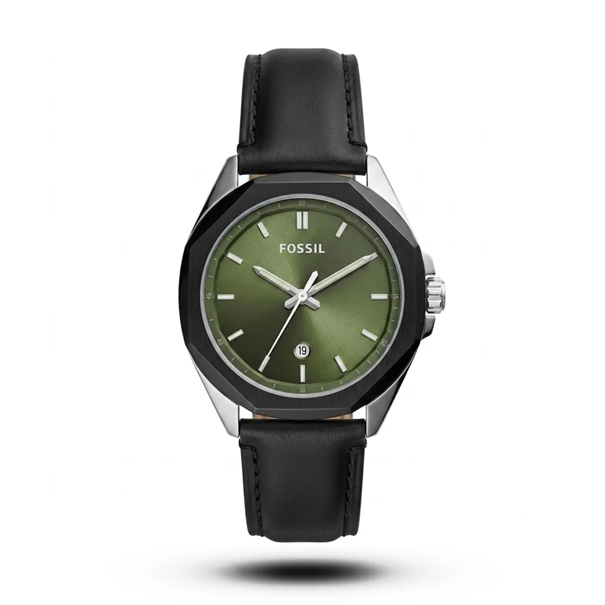 product-b8d84cab-634d-4589-b8ae-1538be7929da.webp Fossil Octagon Black Leather Green Dial Watch - Image 1