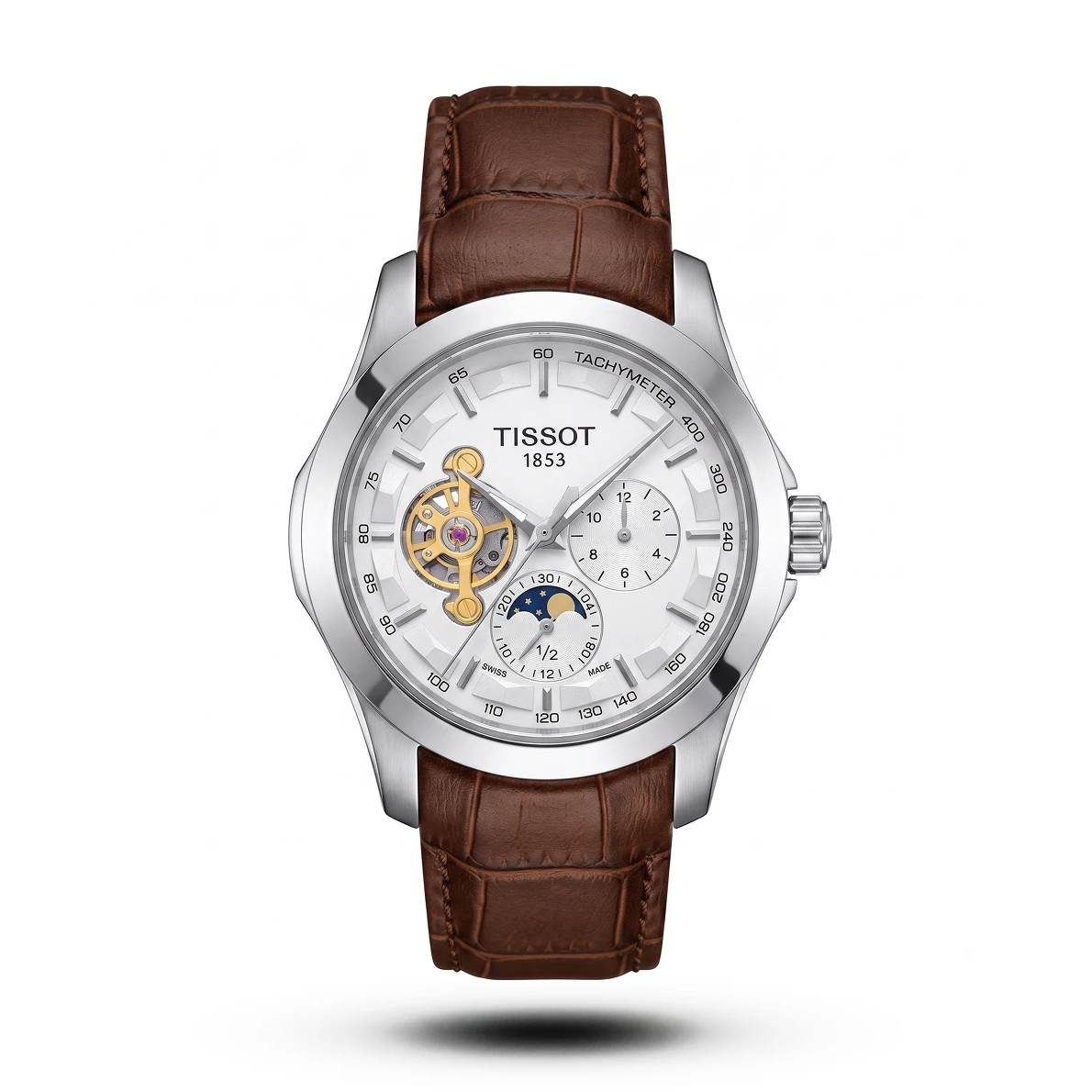product-bc2a8b9e-acdf-482a-a760-214e51eb52c0.webp Tissot-Style Couturier Open-Heart Brown Leather White Dial Watch - Image 1