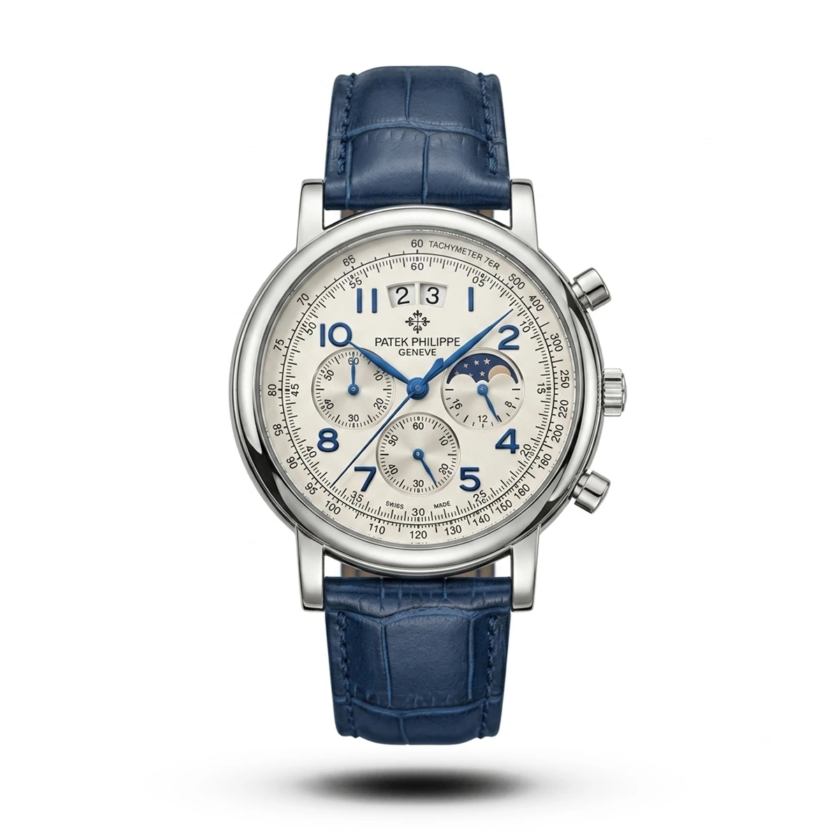 product-bfcf2b3f-9bdb-4585-989c-b32b9d5e724b.webp Patek Philippe-Inspired Grand Chrono Blue Leather Silver Case White Dial Watch - Image 1