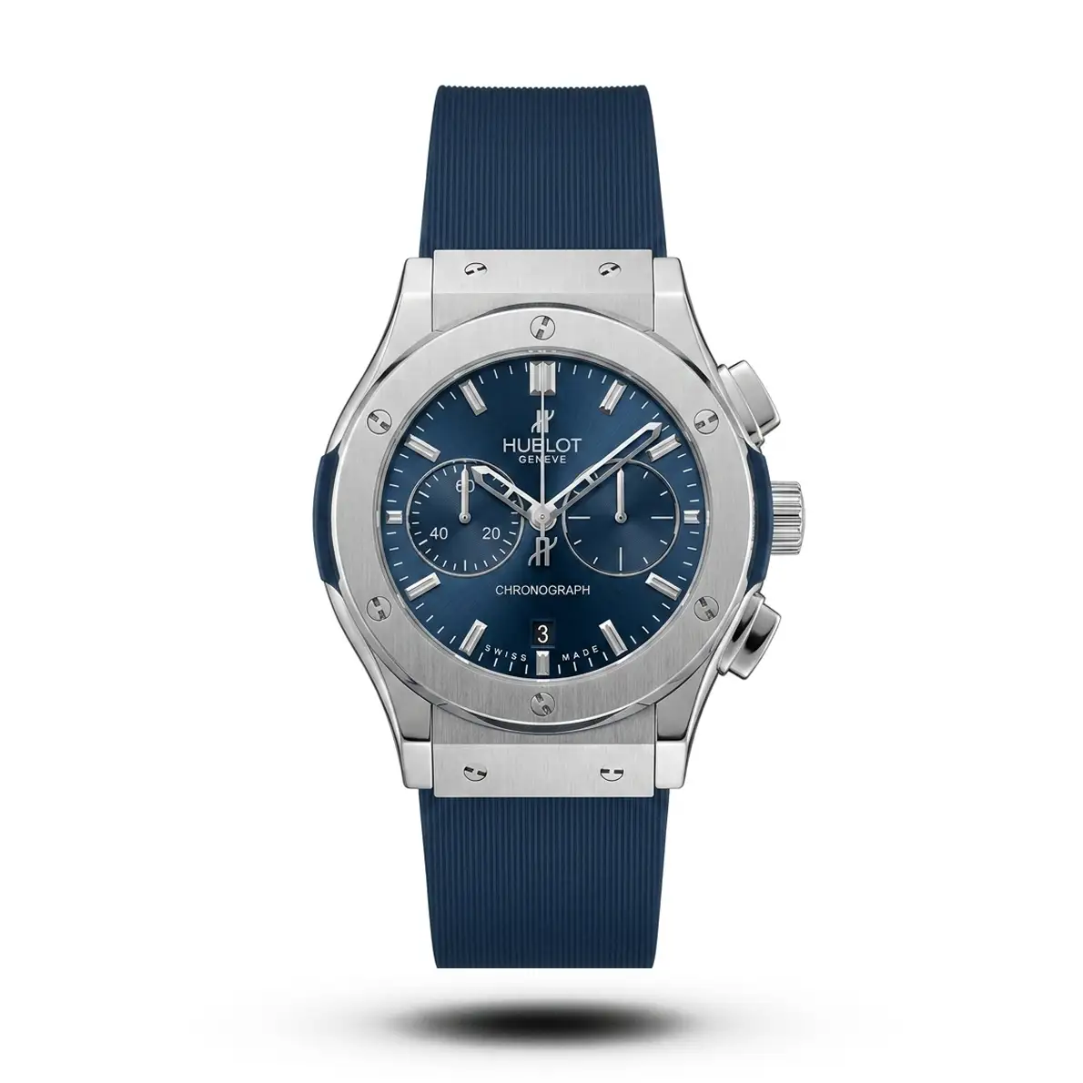 product-c2a71152-5e98-4d23-8c8f-93aa7836cc62.webp Hublot-Style Classic Fusion Chronograph Blue Strap Silver Case Watch - Image 1