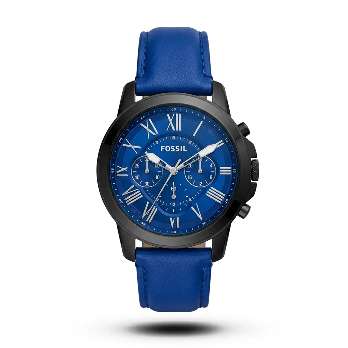 product-c3725669-f0bf-4c3c-bc14-0d3058aa7ae2.webp Fossil-Style Grant Chronograph Roman Blue Leather Black Tone Watch - Image 1