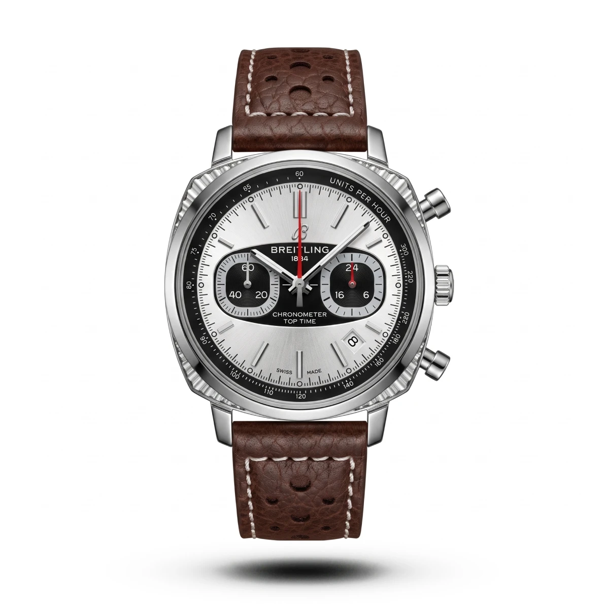 product-ccd33bdf-eea0-4d76-8471-ebf2071794a1.webp Breitling-Style Top Time Zorro Perforated Brown Strap White Dial Watch - Image 1