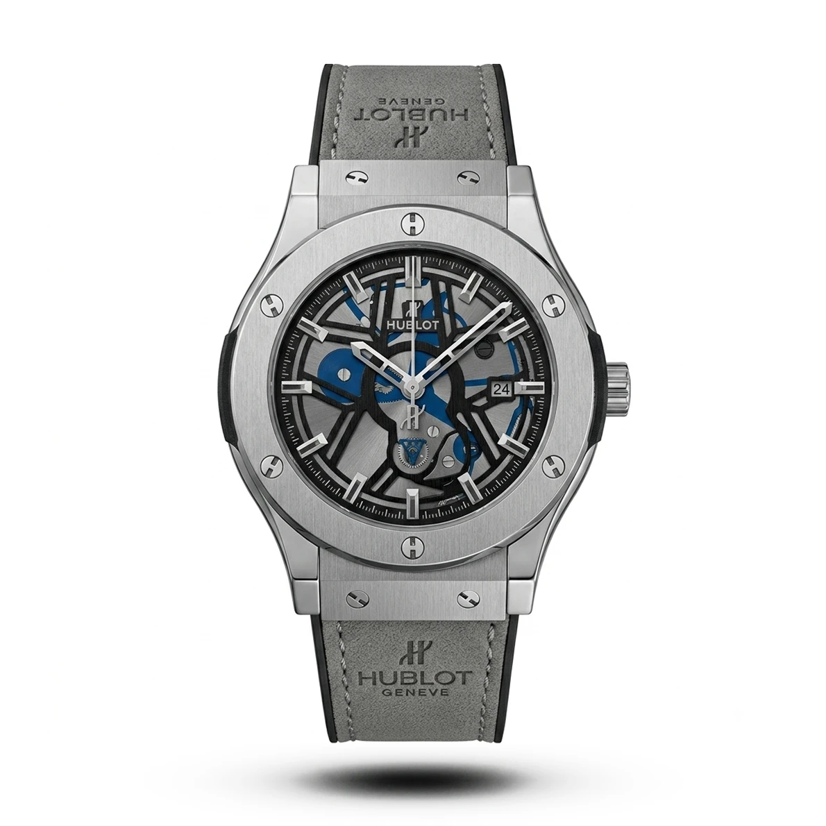 product-cec92f3c-bdd0-4be8-80a9-4d5be2fe4496.webp Hublot-Style Classic Fusion Aerofusion Skeleton Grey Suede Strap Watch - Image 1