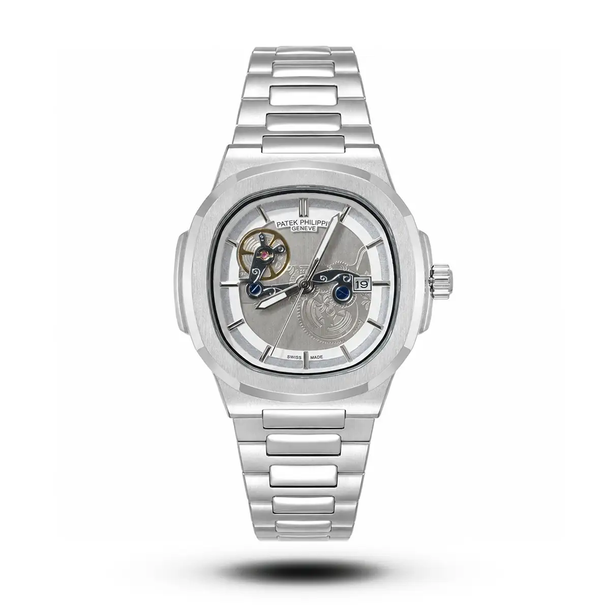 product-cf49e404-21ed-4706-8527-9900c9f9cb6f.webp Patek Philippe Inspired Nautilus Skeleton Tourbillon Silver Tone White Dial Watch - Image 1