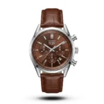 Tag Heuer-Style Carrera Chrono Tri-Compax Brown Belt Silver Case Brown Dial Watch