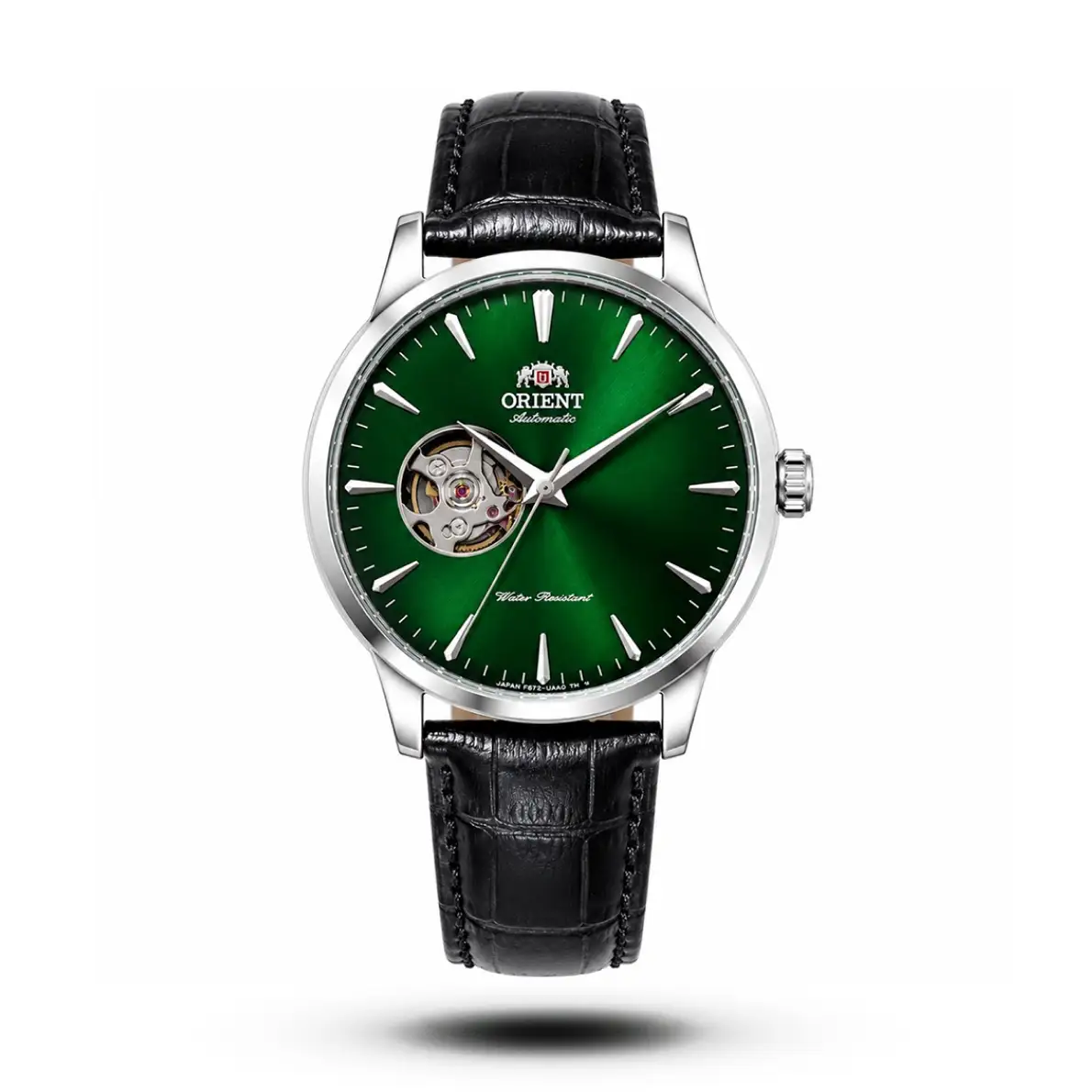 product-d1835e13-4de6-42bb-bda7-4248667b6d2e.webp Orient-Style Open-Heart Automatic Green Dial Black Leather Strap Watch - Image 1