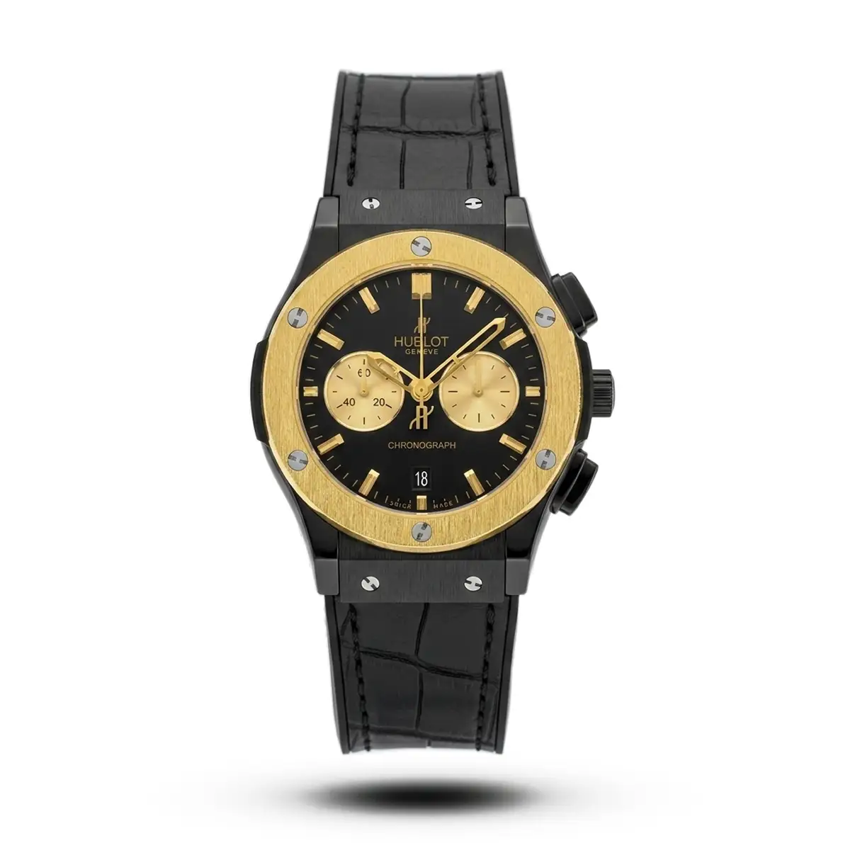 product-d971bbc5-b95d-4ccd-91bf-0a977cc84c24.webp Hublot-Style Classic Fusion Bi-Compax Full Black Leather Yellow Bezel Watch - Image 1