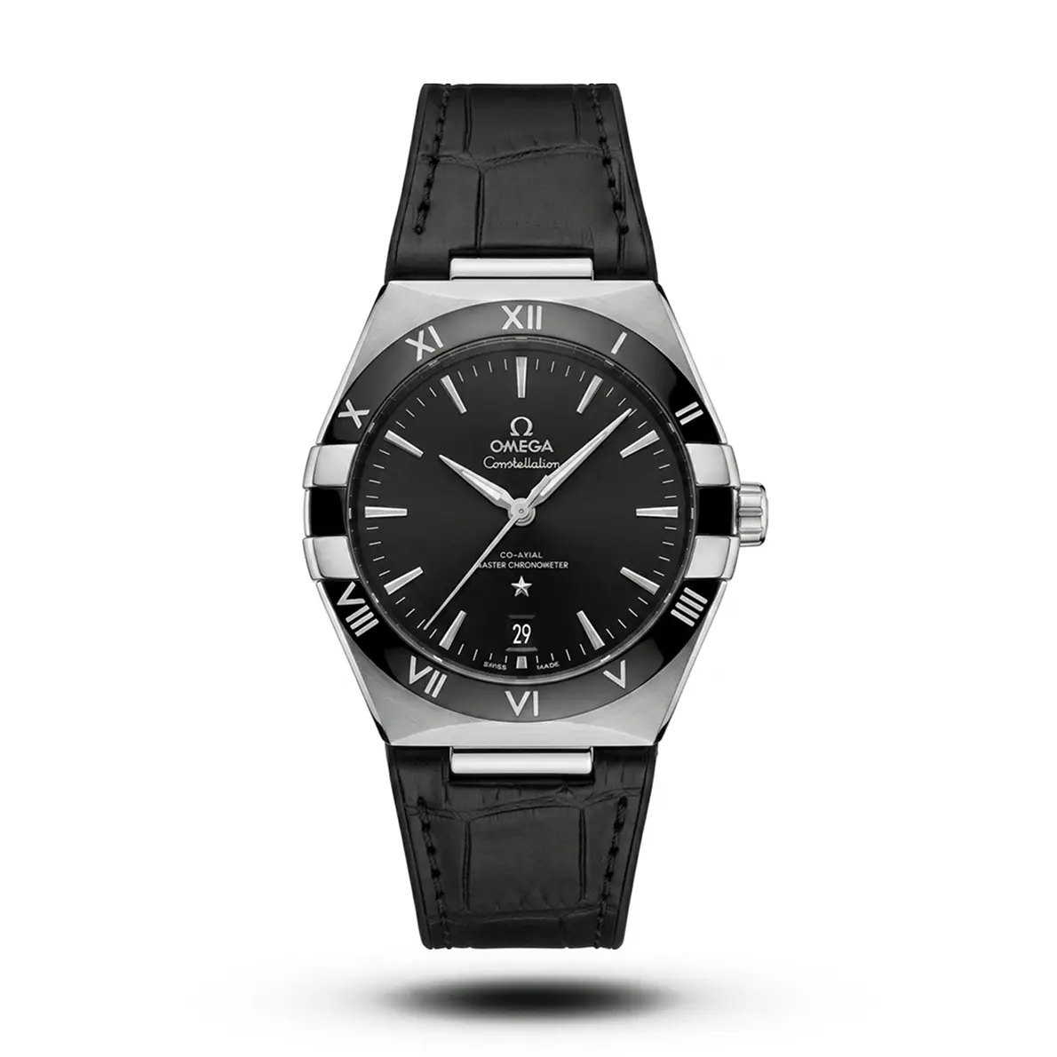 product-dcb33805-35dd-4882-9773-aec79918a793.webp Omega-Style Constellation Black Leather Strap Black Dial Watch - Image 1
