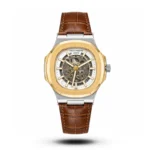 Patek Philippe-Inspired Skeleton Brown Leather Two-Tone Bezel White Dial Watch