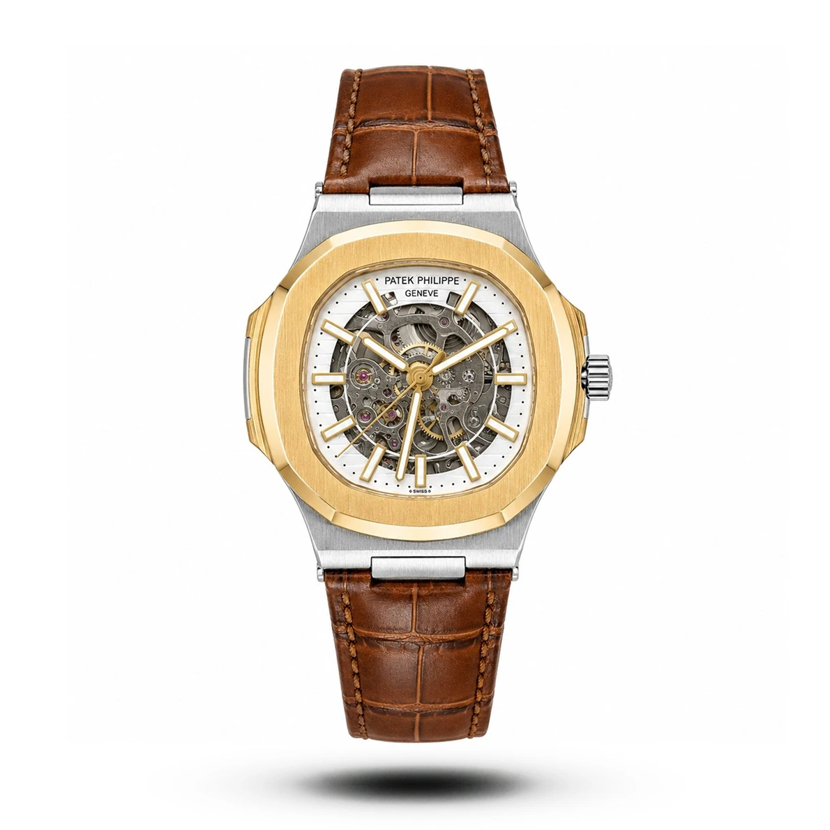 product-dcb4408c-8394-48e7-9062-94de26ea1280.webp Patek Philippe-Inspired Skeleton Brown Leather Two-Tone Bezel White Dial Watch - Image 1