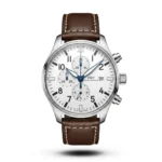 IWC-Style Pilot's Watch Chronograph 41 Brown Belt Silver Case