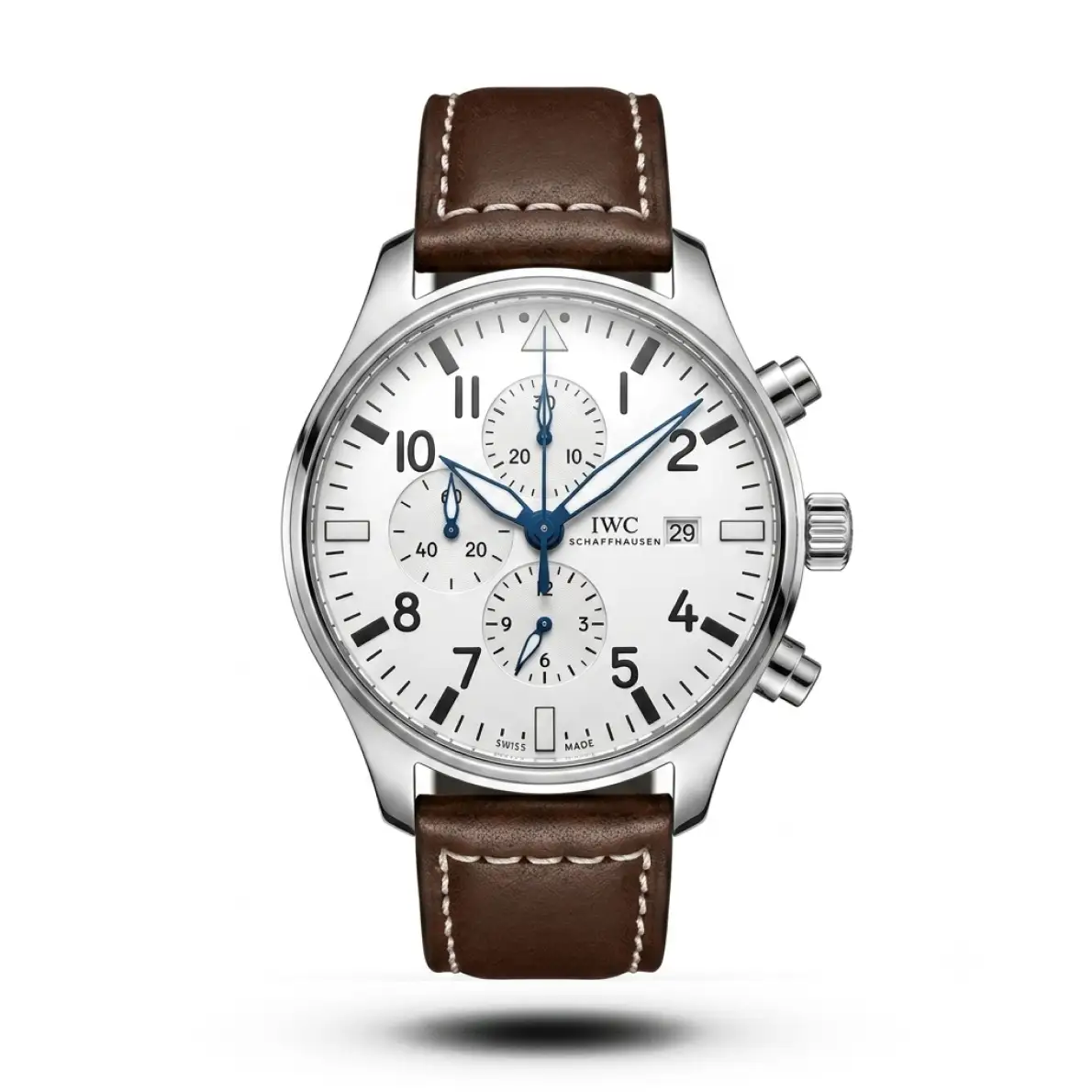 product-e42c3ae9-9c93-4a63-b5bc-2a81f2436bc3.webp IWC-Style Pilot's Watch Chronograph 41 Brown Belt Silver Case - Image 1