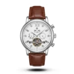 Patek Philippe-Inspired Grand Calendar Open-Heart Perpetual Brown Leather Silver Tone Watch