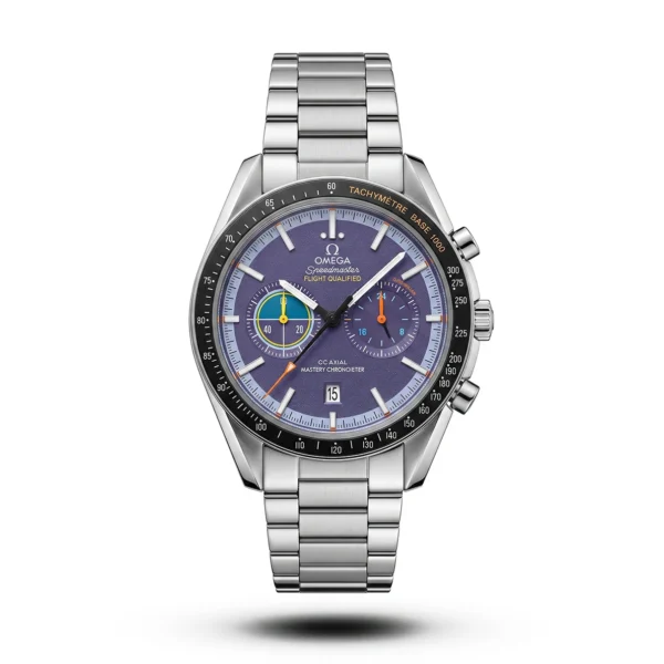 Omega-Style Speedmaster Flight Silver Tone Blue Dial Watch