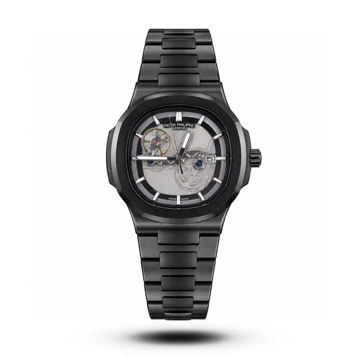 product-fae40b36-48a9-47d3-ba5f-f204f6481f24.webp Patek Philippe Inspired Nautilus Skeleton Tourbillon Black Tone Grey Dial Watch - Image 1