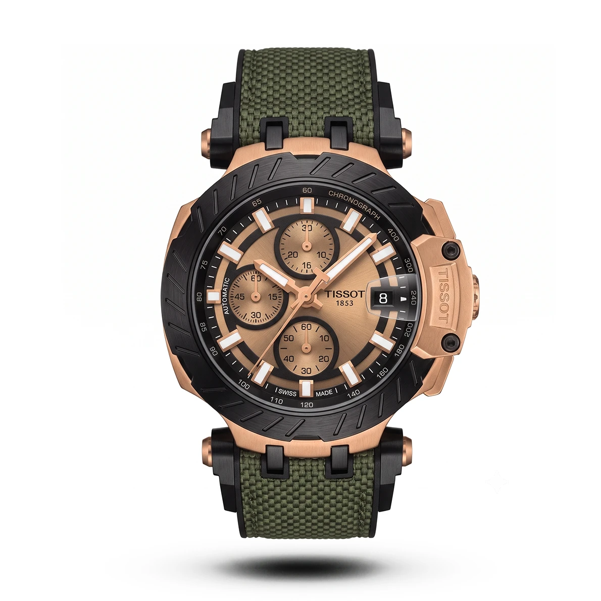 product-fcdee01d-9de3-41ee-a4bf-1ecce1f89d5c.webp Tissot-Style T-Race Olive Silicone Strap Rose Gold Case Rose Gold Dial Watch - Image 1