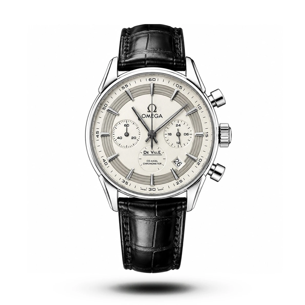 product-feb6e17d-88df-4ad0-89f0-f18178700293.webp Omega-Style De Ville Chronograph White Dial Black Leather Watch - Image 1