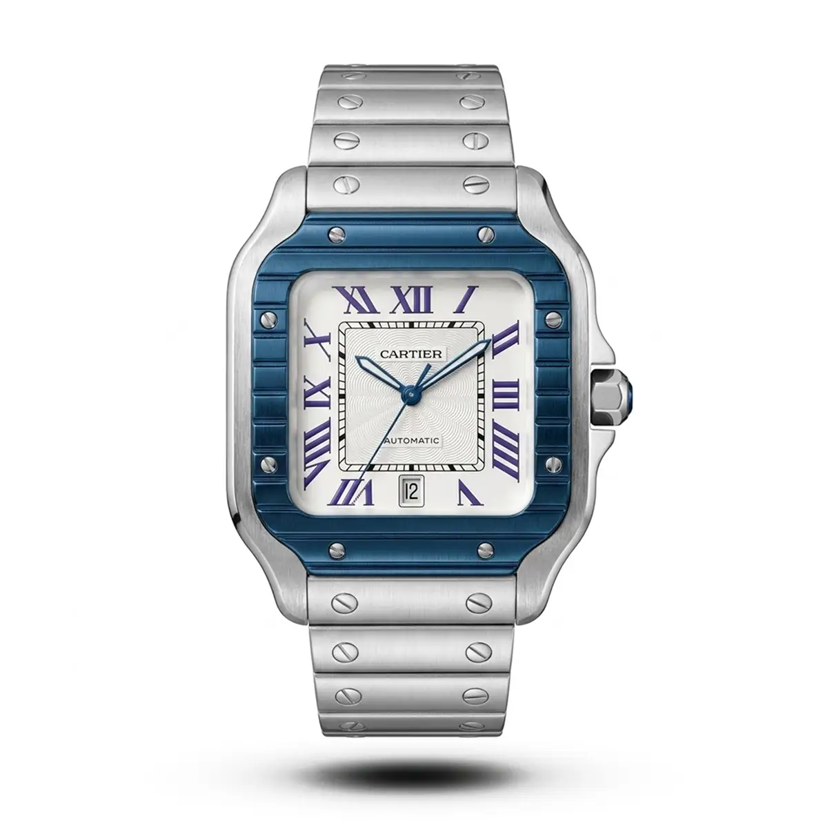 product-ff8e1e99-b936-4c99-996f-91a49b62500a.webp Cartier Santos De Cartier Blue Bezel White Dial Steel Watch - Image 1