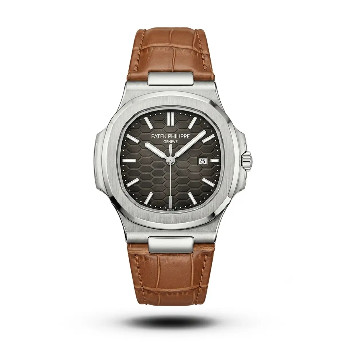 product-ffbbc511-5c42-463b-8a84-9e142425b1c2.webp Patek Philippe Inspired Nautilus Honeycomb Dial Brown Leather Watch - Image 1