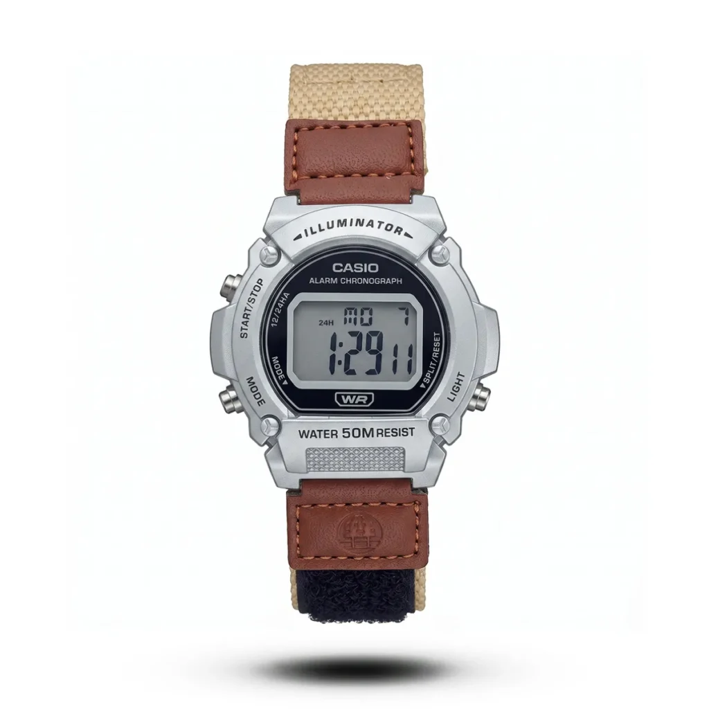 Casio Style Steelridge Urban Guard Silver Bezel Black Dial Cream Color Belt