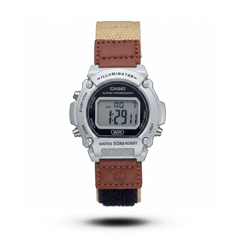 Casio Style Steelridge Urban Guard Silver Bezel Black Dial Cream Color Belt