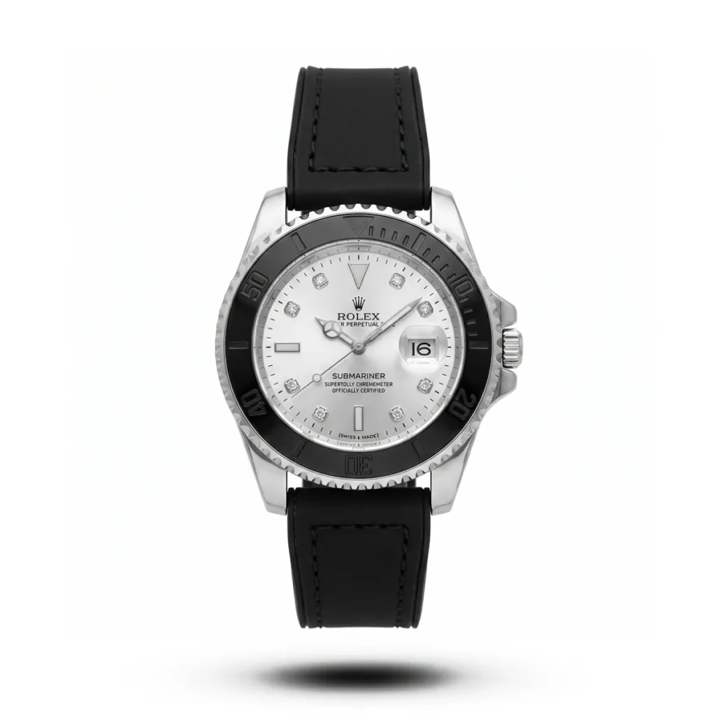 Rolex-inspired Titanflow Marine Edge watch, black bezel, silver dial and black strap