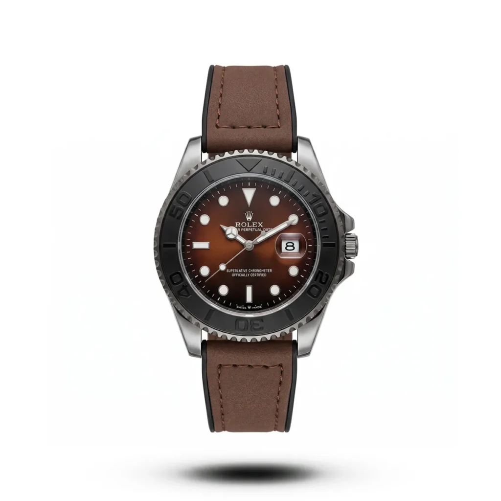 Rolex-inspired Titanflow Marine Edge watch, silver bezel, red-brown dial and deep brown strap