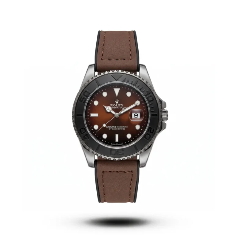 Rolex-inspired Titanflow Marine Edge watch, silver bezel, red-brown dial and deep brown strap