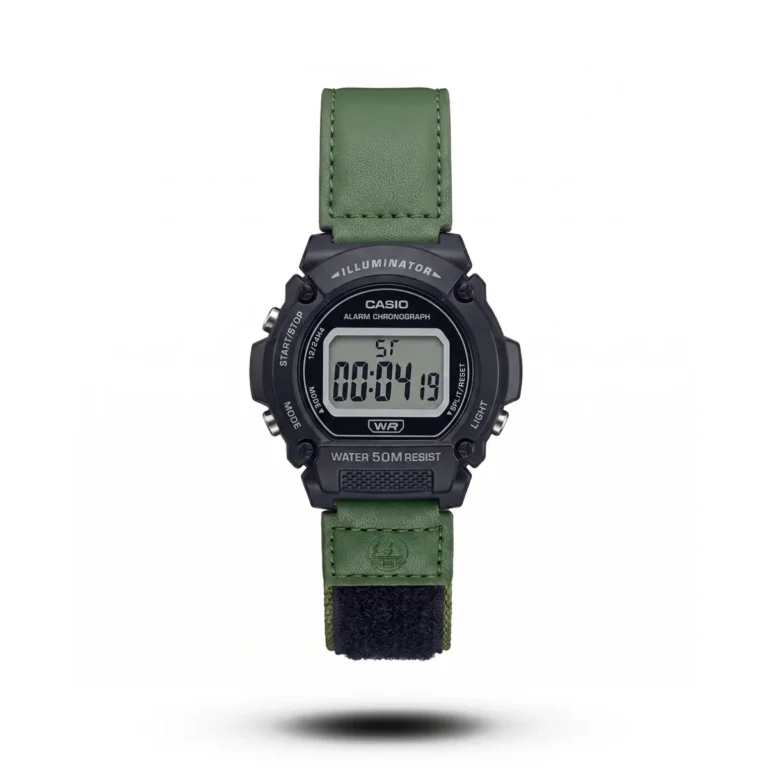 Casio-style Steelridge Urban Guard watch, black bezel, black dial and green strap