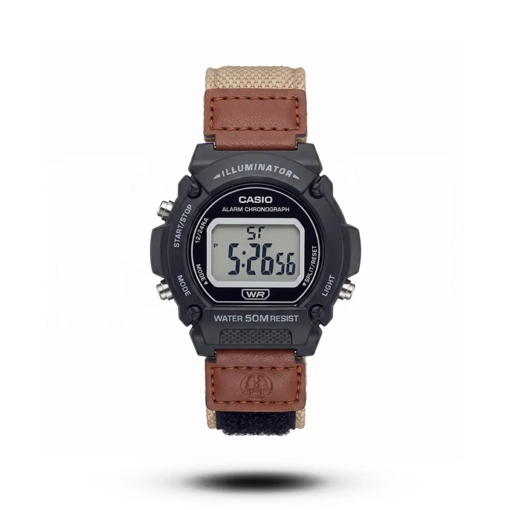 Casio-style Steelridge Urban Guard watch, black bezel, black dial and cream strap