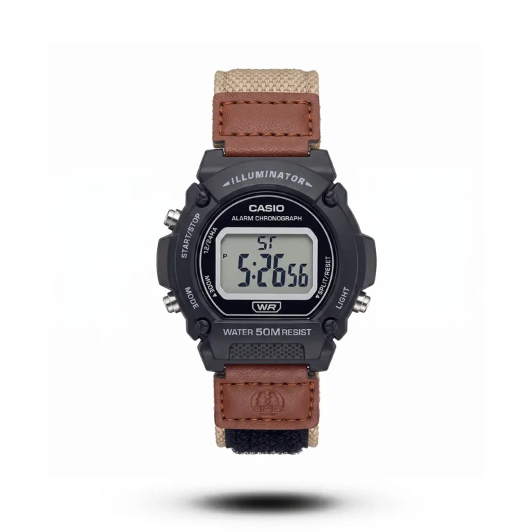 Casio-style Steelridge Urban Guard watch, black bezel, black dial and cream strap