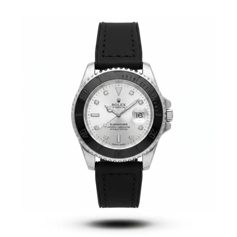 Rolex-inspired Titanflow Marine Edge watch, black bezel, silver dial and black strap