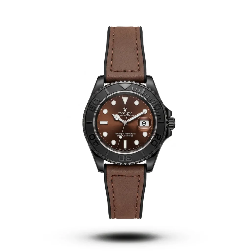 Rolex-inspired Titanflow Marine Edge watch, black bezel, red-brown dial and deep brown strap
