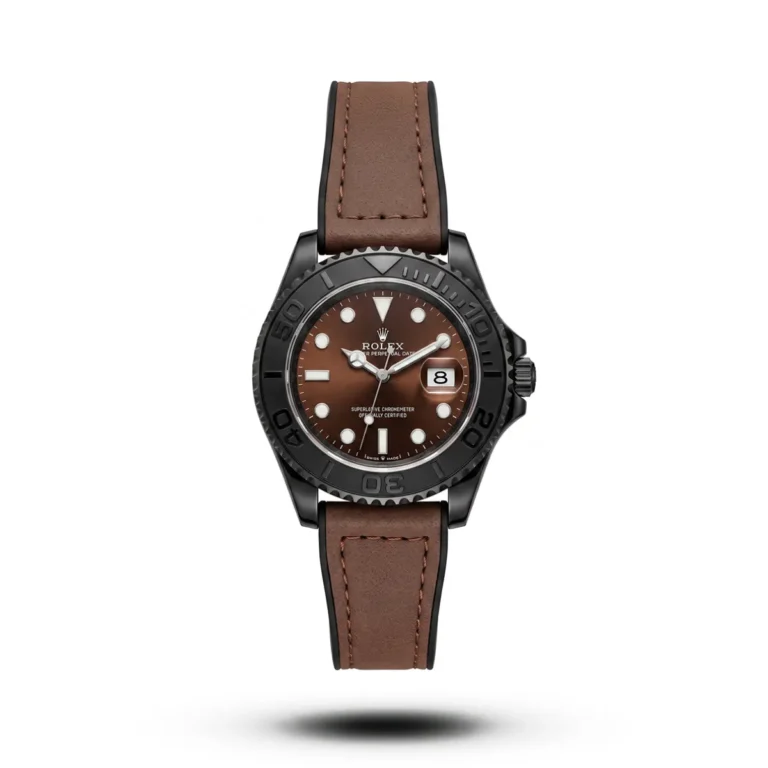 Rolex-inspired Titanflow Marine Edge watch, black bezel, red-brown dial and deep brown strap