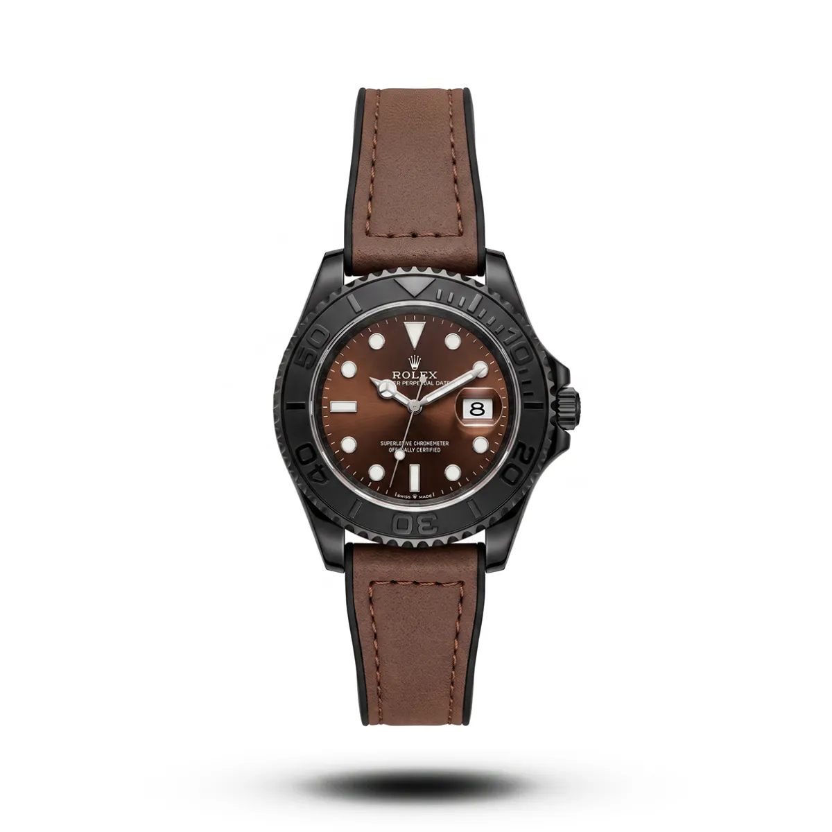 1200w-8.webp Rolex-inspired Titanflow Marine Edge watch, black bezel, red-brown dial and deep brown strap