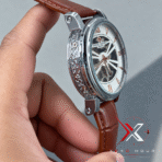 Patek Philippe Skeleton Roman brown Leather silver tone Watch - Image 4