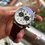 TAG Heuer Carrera Chrono Bi-Compax brown belt white dial black sub Watch - Image 4
