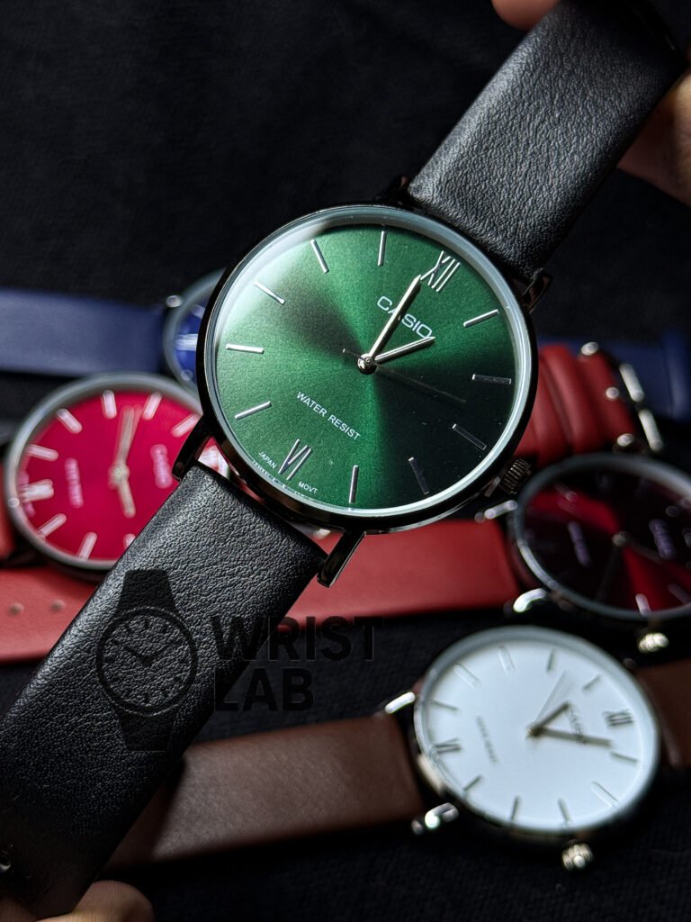 Casio Style Regent Linear Black Belt Black Case Green Dial