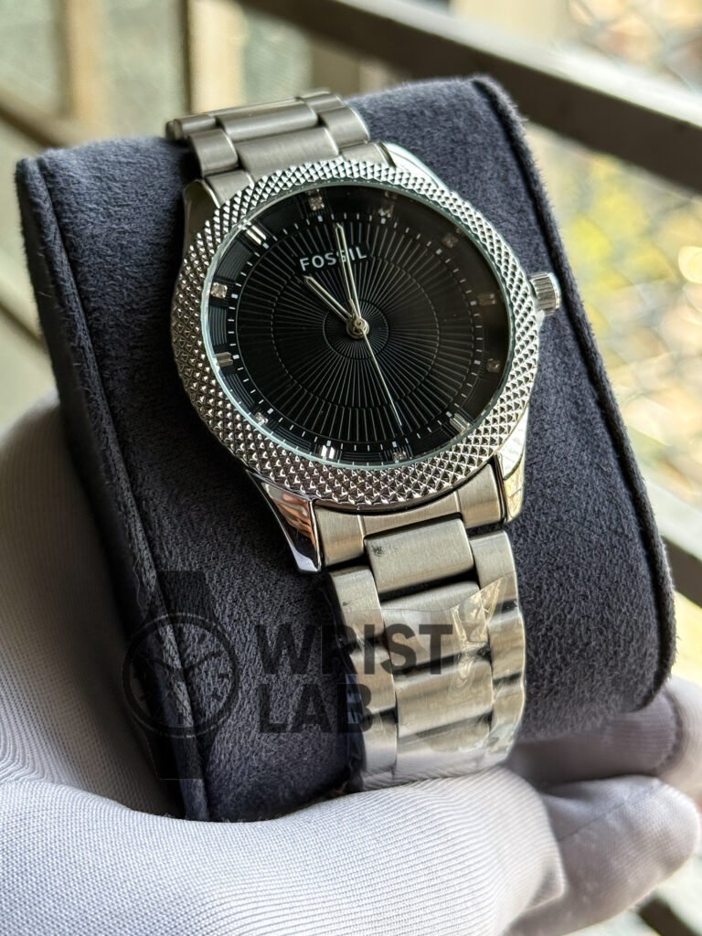 Fossil Azure Radiance Steel Edition Black Dial Silver Chain